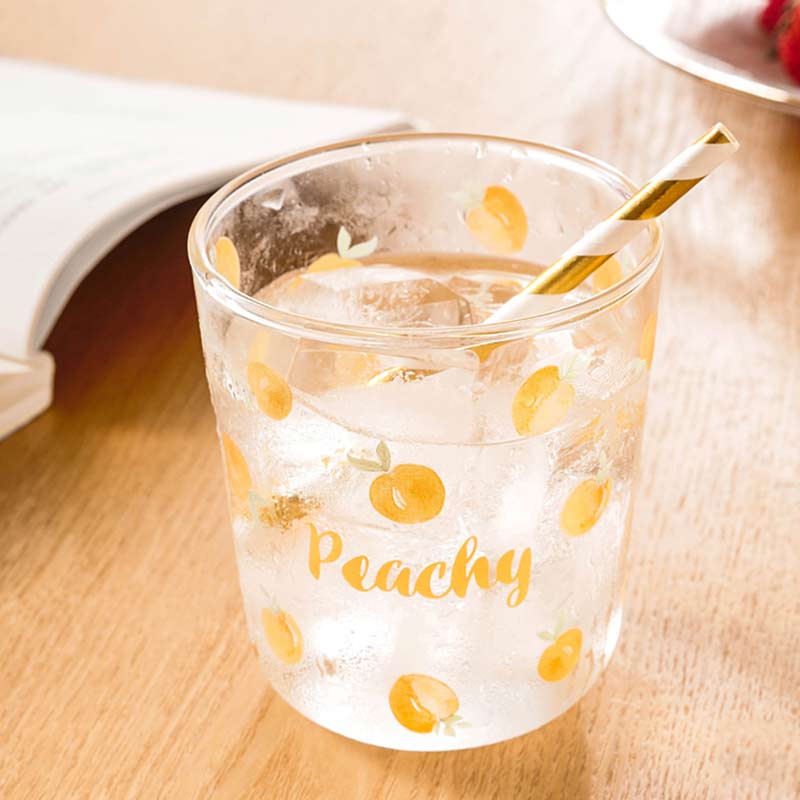450ml Fruit Printed Glass Cup Transparent Glass Cuffee Mug Flower Tea Juices Milk Cup Breakfast Drinkware Xmas