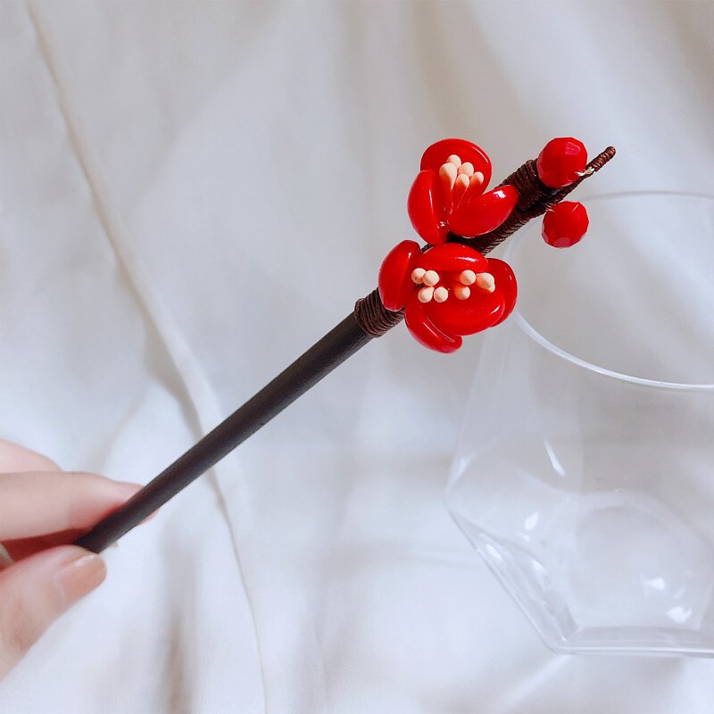Morkopela-horquilla de madera de flor de ciruelo hecha a mano para mujer, accesorios de horquillas Vintage, joyería para el cabello de banquete: with red crystal