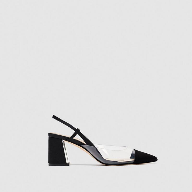 Damskor plast slingback mellanhäl spetsade höga klackar tjock klack dam sandaler transparent yta kvinnor  n103