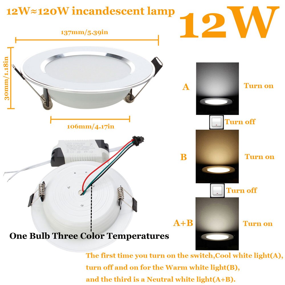 LED Downlight 3W 5W 7W 9W 12W 15W 18W empotrable redondo lámpara 85-265V Cool + neutro + Led blanco cálido bombilla de Interior llevó la iluminación del punto: 12W