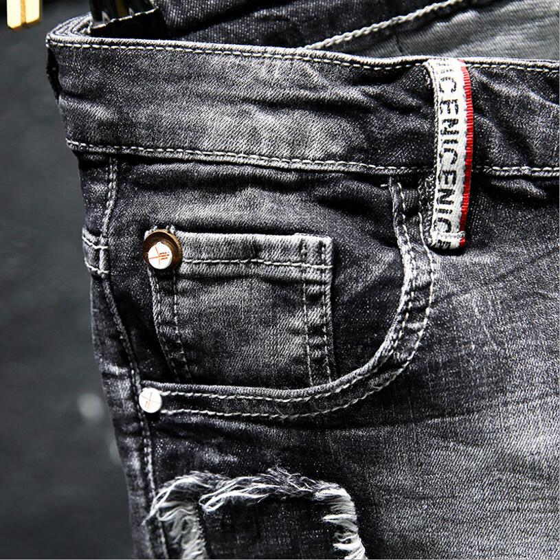 Mænd grå denimshorts sommerhuller sorte korte jeans mænd bomuldsstretch jeansshorts knælange jeans str. 36