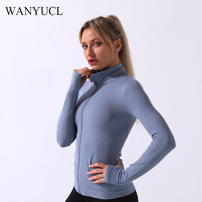 ¡Novedad de otoño e invierno ! Chaqueta deportiva con cremallera para mujer, chaqueta deportiva sin costuras de manga larga ajustada para entrenamiento y ejercicio: Azul / S