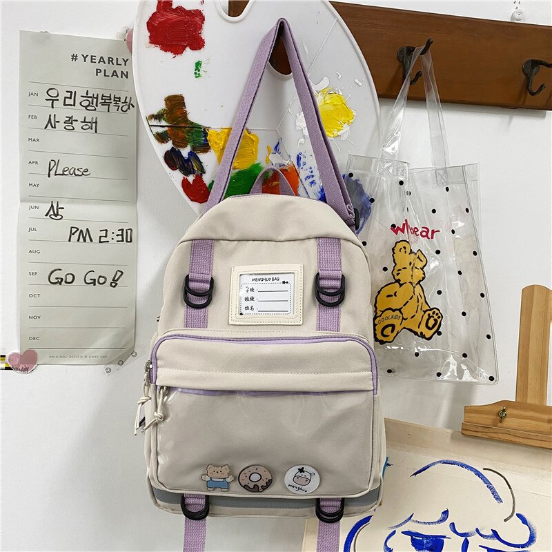 DCIMOR Waterproof Nylon Multifunction Women Backpack Female Lovely Transparent Pocket Travel Bag Small Schoolbag for Girls: white / only backpack