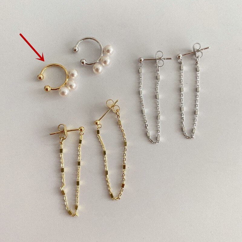 Huanzhi korea retro perlelegering øreklemme lang kvast øre linje metal ingen piercing øreringe til kvinder pige fest smykker: En gylden øreclips