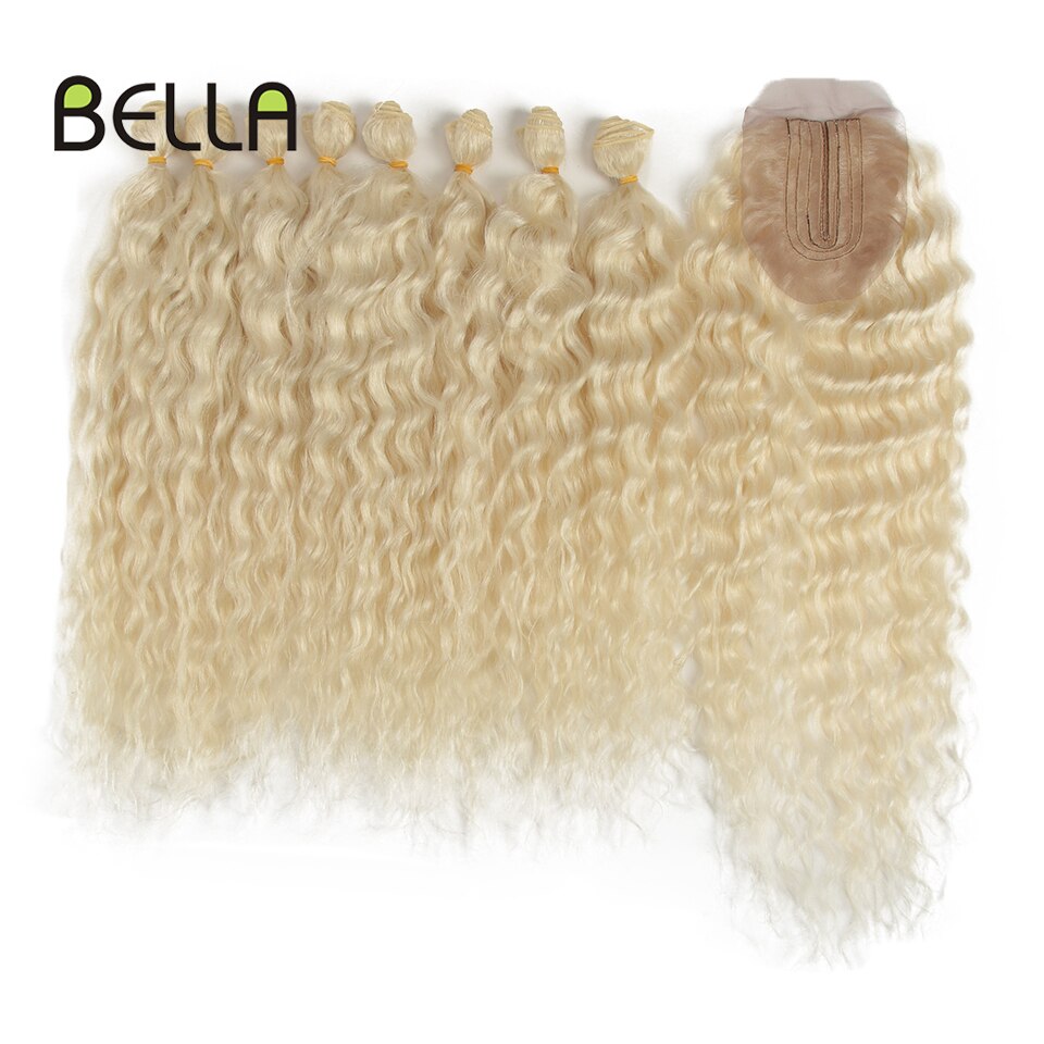 Bella-extensiones de cabello rizado sintético para mujer, mechones de pelo ondulado con cierre, color marrón degradado de 20 pulgadas, 9 unids/paquete: 613