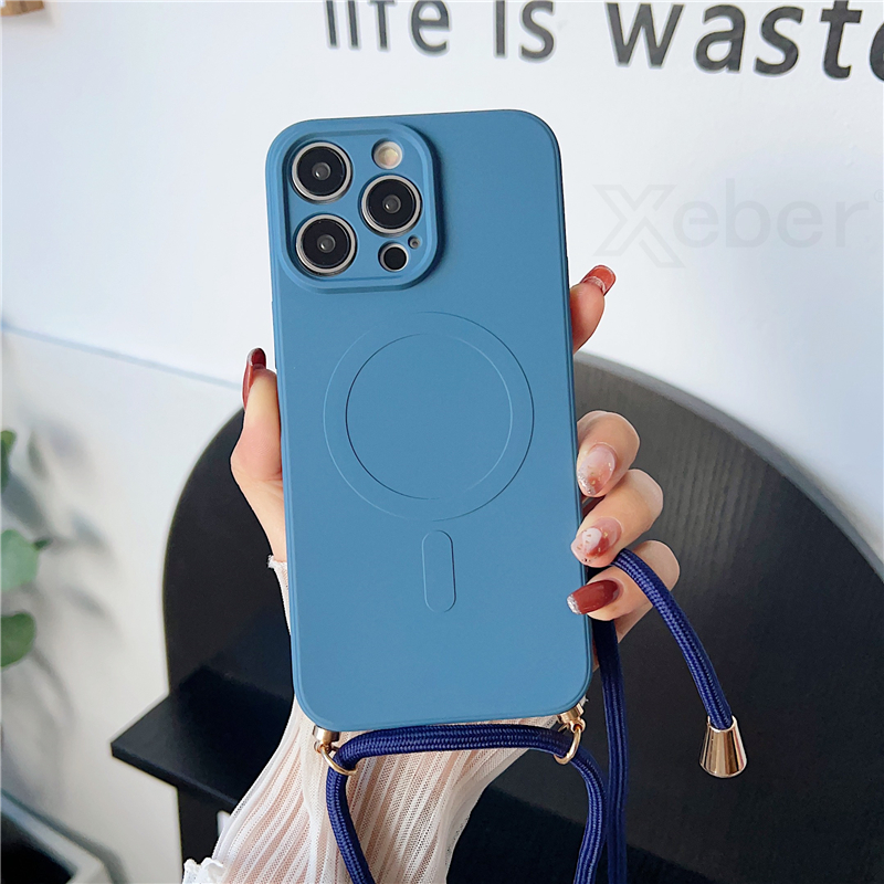 Funda magnética de silicona líquida con cordón cruzado para iPhone 16 15 Pro Max 14 13 12 11, collar para cubierta de carga inalámbrica Magsafe: Para iPhone 12 / Azul cielo