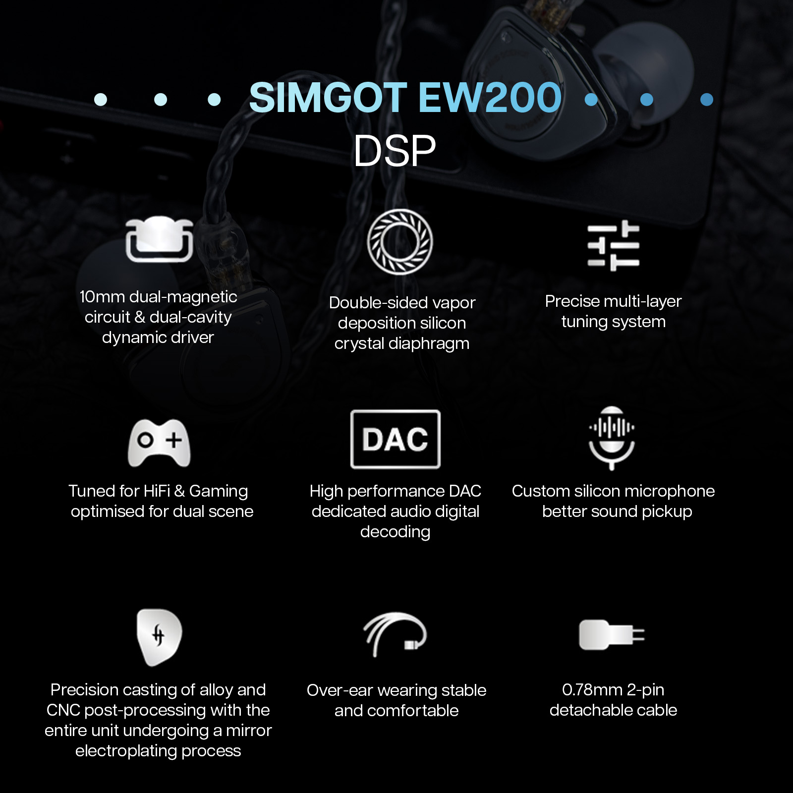 SIMGOT EW200 10mm SCP Diafragma Duplo Circuito Magnético e Driver Dinâmico de Dupla Cavidade IEM Fones de Ouvido Hifi