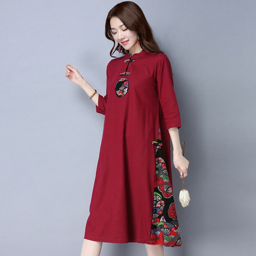 Summer Chinese Traditional Clothes Cheongsam Dress for Women Patchwork Ethinic Maxi Oriental Casual Dress Linen Tai Chi Set: Color1 / 2XL