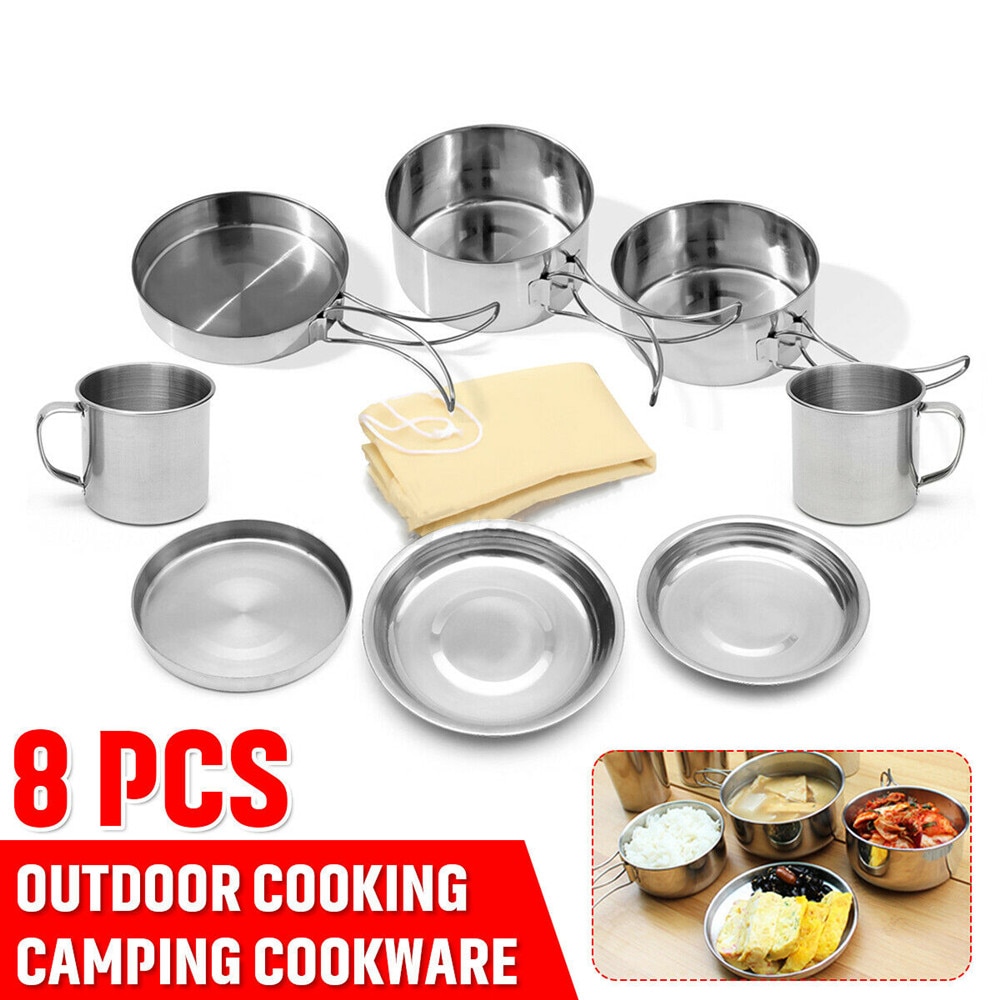 8Pcs Rvs Outdoor Picknick Pot Pan Kit Camping Wandelen Mini Kookgerei Bowl Cup Cover Koken Set Camping Apparatuur