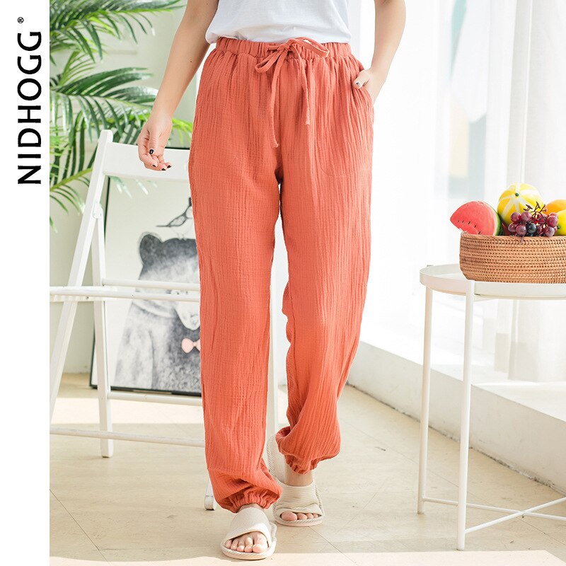 Naisten kotivaatteet unihousut 100%  puuvillakreppi pyjamahousut yksiväriset neulotut löysät unihousut joustava vyötärö oloasu