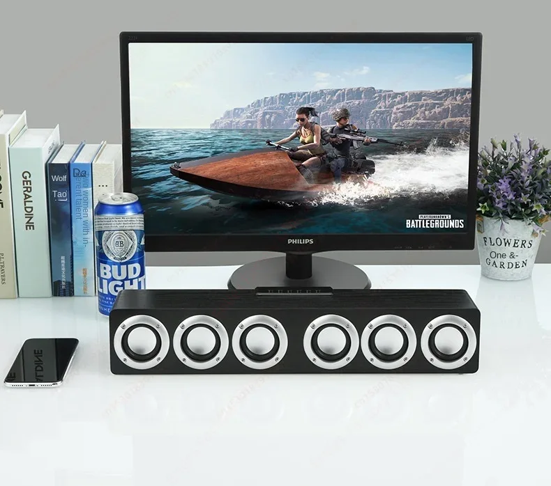 Super kraftfuld bluetooth-højttaler med seks subwoofere i træ, hjemmebiograf med tv-lydboks, soundbar med surround-stereo, tf-disk, u-disk