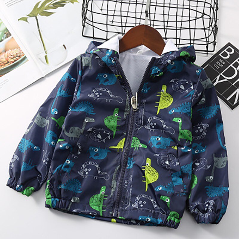 Boys Jacket Autumn Spring Baby Boy Coat dinosaur Cartoon Printed Long Sleeved Hooded Kids Outerwear Windbreaker for 2-7Y: BZ1065 blue / 2T