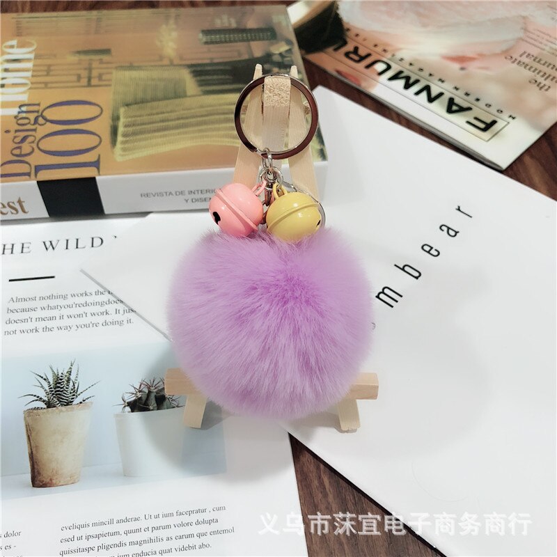 -love 8cm faux rex kanin pom-pom nøglering tiy kontrast farve klokke par taske tilbehør sydkorea små smykker tilbehør: Lys lilla