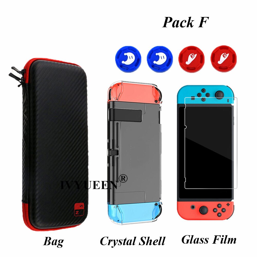 IVYUEEN para la consola Nintendo Switch NS bolsa de almacenaje de transporte protector de pantalla de vidrio templado Shell + funda de silicona para Joy-Con: Pack F