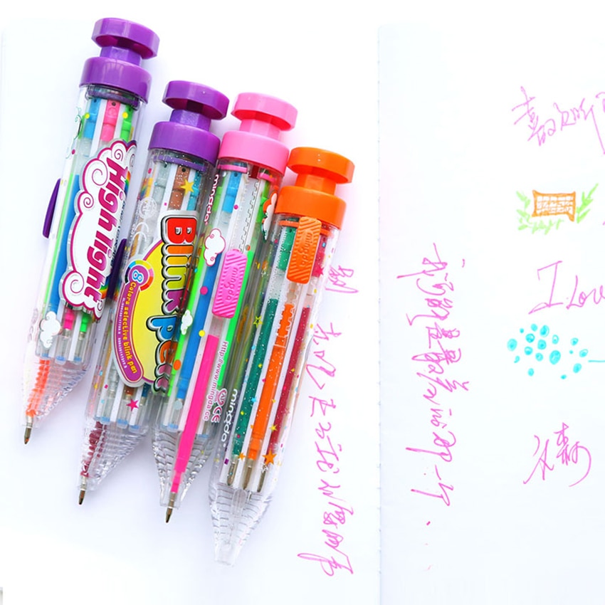 Stylo marqueur Flash 8 en 1 pour étudiants, recharge 0.7mm, surligneur Portable, stylo à pression, fournitures scolaires et de bureau