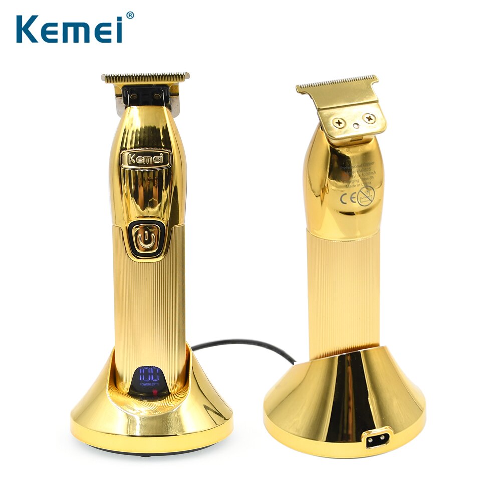 Kemei Gold Cordless Electric Clipper 0.1mm T Blade Beard Trimmer LCD Trimmers With Charging Base Hair Cutter
