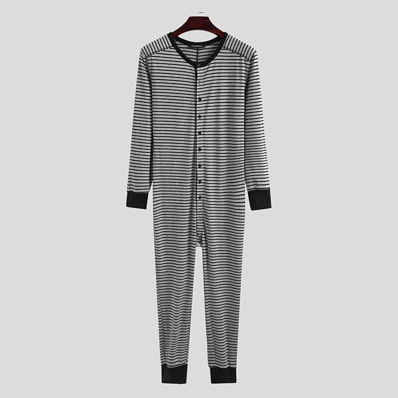Pijama de una pieza para hombre, estampado a rayas manga larga cuello redondo botón abajo mono ropa de dormir: XXL / Gris