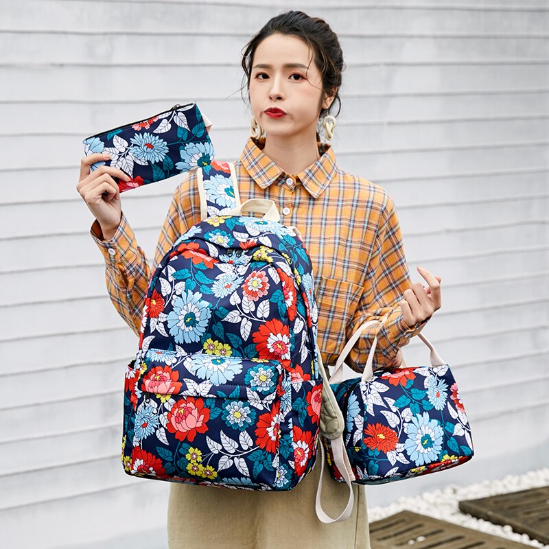 Fengdong 3 stuks/set chinese stijl tienermeisjes schoolrugzak bloemen schooltassen voor vrouwen meisjes bloemenrugzak boekentas pennenzak