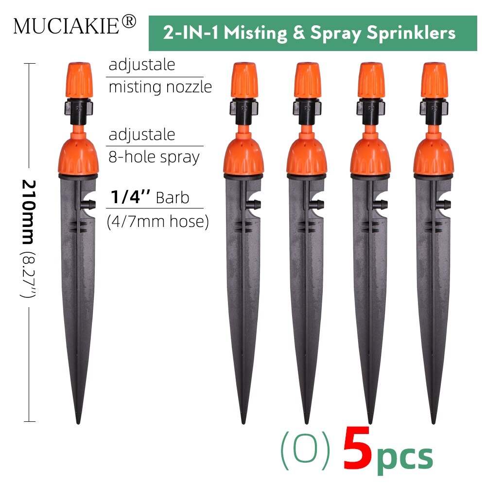 Orange Adjustable Garden Micro Drip Irrigation Misting Nozzles Sprinklers with w/ 1/4'' 3/8'' Hose Barbed Tee Threaded Connector: Ox5pcs