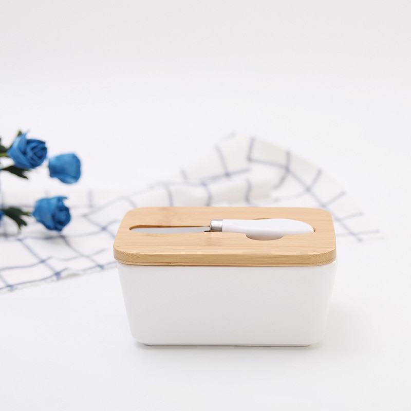 Ceramic Butter Container Set, Rectangle Butter Sealed Can + Wood Lid + Cutter + Silicone Loop(Pure White/Letter)