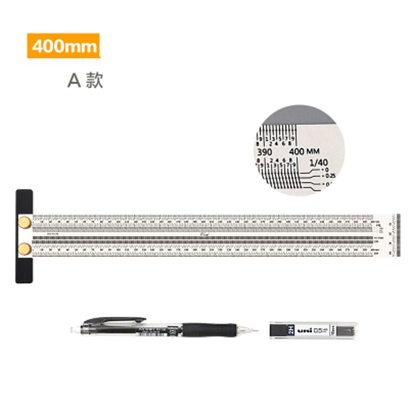 Hög precision skala linjal t-typ hål linjal rostfritt träbearbetning skribb markera linjemätare snickare mätverktyg: 400mm a