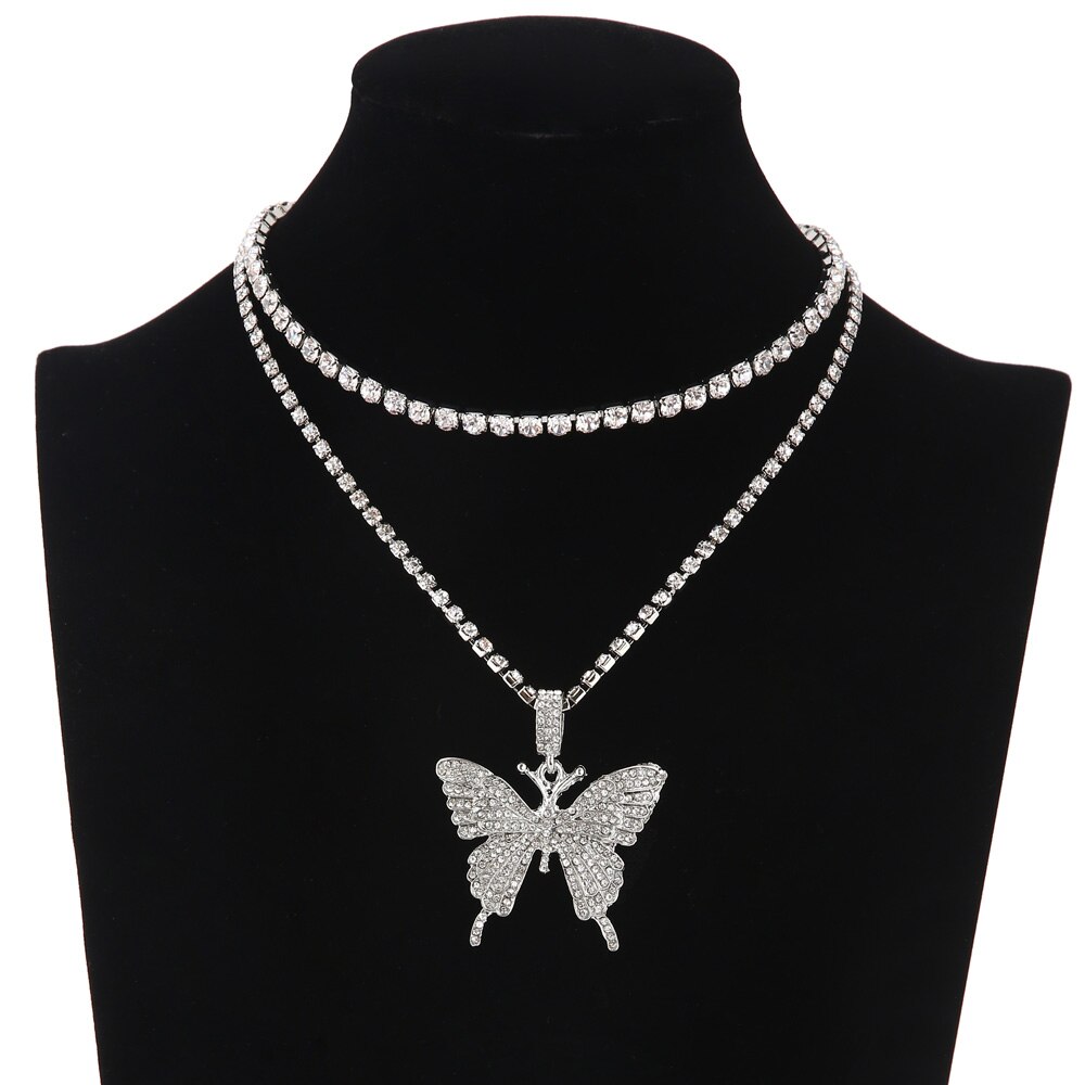 Iced para fora colar de borboleta feminino strass corrente gargantilha na moda bling chocker colares 2020 moda luxo jóias presente: silver color