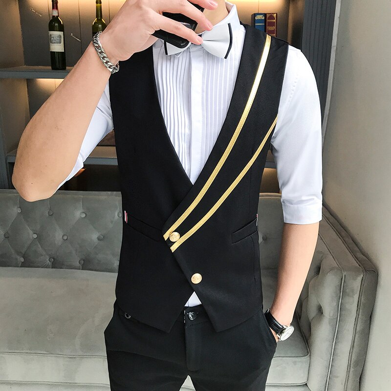 Skrå træk kjole vest til mænd tjener casual slim fit natklub vest arbejdstøj vest jakkesæt mænd chaleco hombre