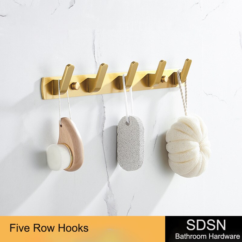 Barhroom Hardware Sets SDSN Brushed Gold Bathroom Hardware Set Space Aluminum Toilet Brusher Holder Bathroom Towel Rack Hook: 5pcs-hooks