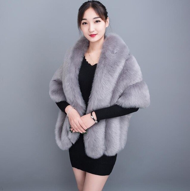 JaneVini Weiß Winter Braut Pelz Faux wickelt Frauen Warme Tücher Mäntel Hochzeit Mantel Jacken für Abend Party Etole Mariage: Grau