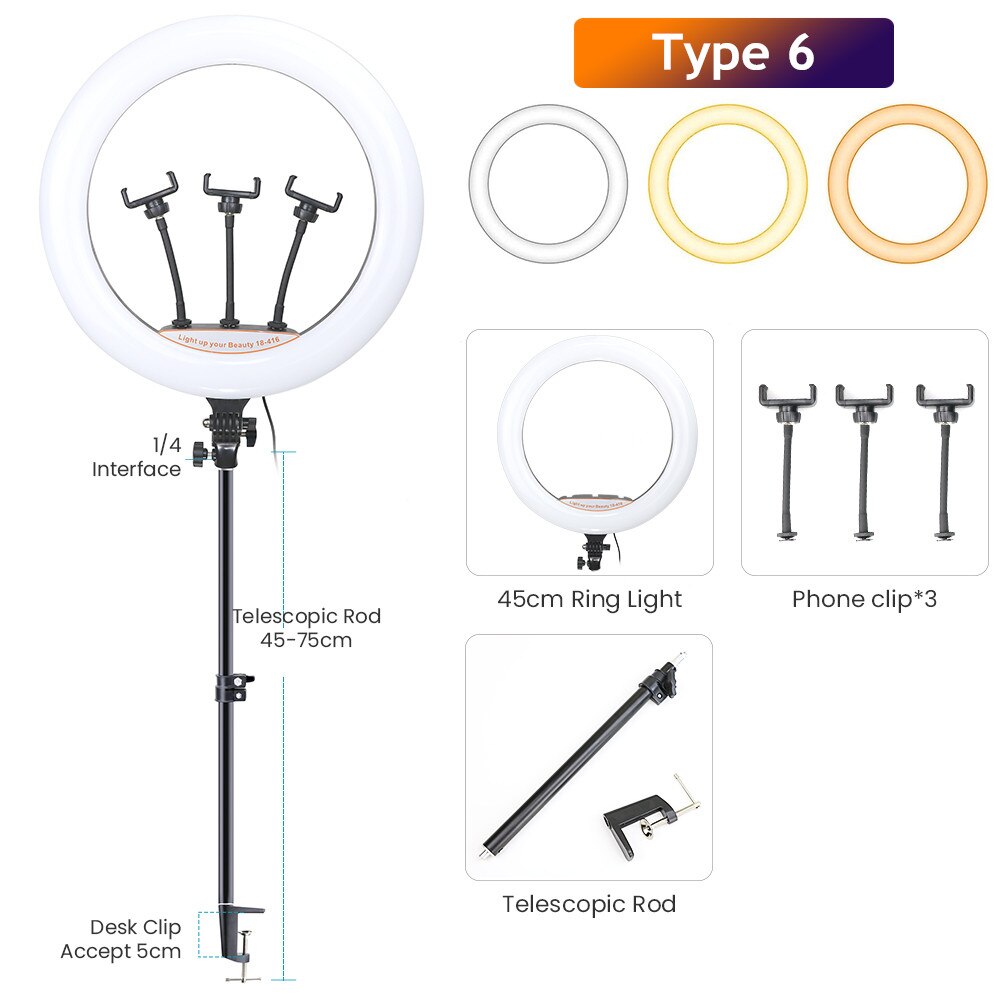 LED Ring Light - Dimmable Selfie Lamp with Stretchable Phone Holder Clip for Live Photo Studio