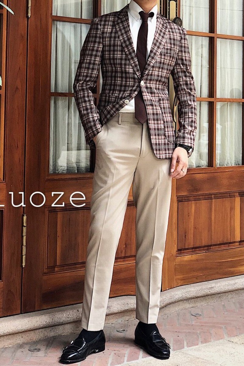 Vår khaki herr kavaj rutig kavaj homme slim fit affärsväst homme kostym herr kontor rutig jacka vestidos de novia