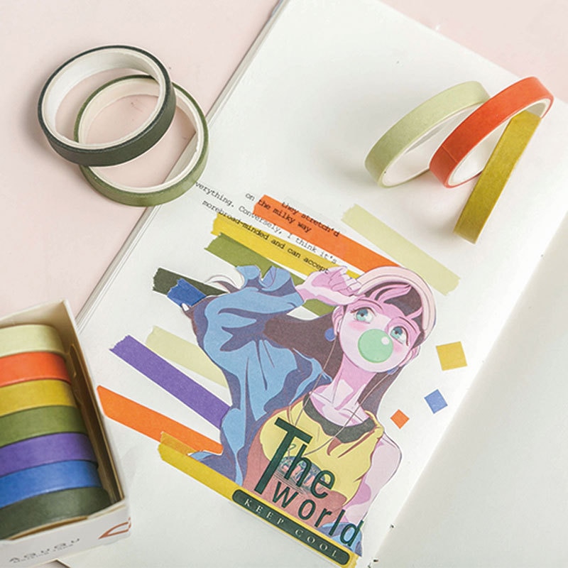 7 ruller washi tape sæt farvet malertape pakke dekorative tynde tape børn og vridning