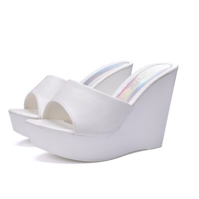 Kvinner tøfler sko høye hæler 13.5cm plattform flokk kiler tøfler svart hvit flat plattform dame sko strand sko: Hvit / 6.5