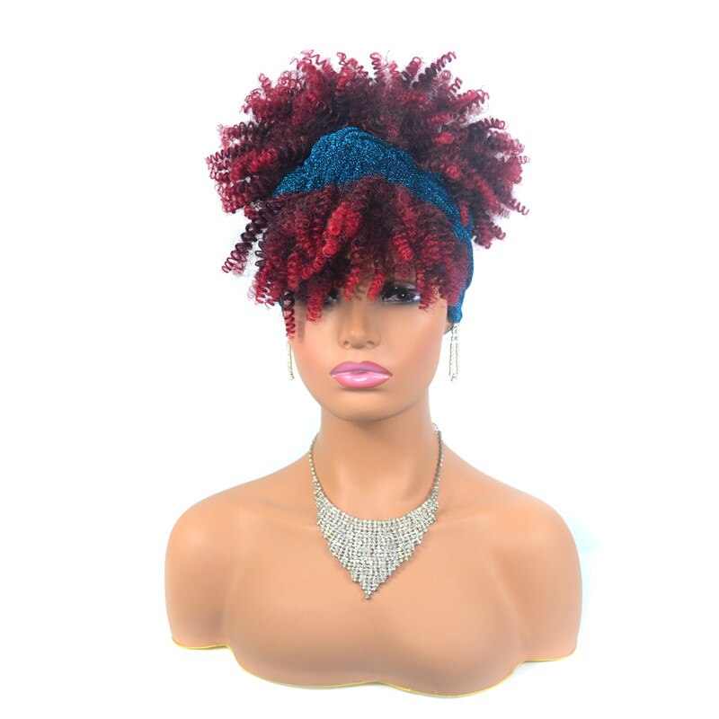 Korte Afro Kinky Krullend Tulband Wrap Pruiken Voor Zwarte Vrouwen Ombre Trekkoord Hoofdband Pruik 10 "Afro Bladerdeeg Haarband Pruik gember Blonde: T1B/Burgundy