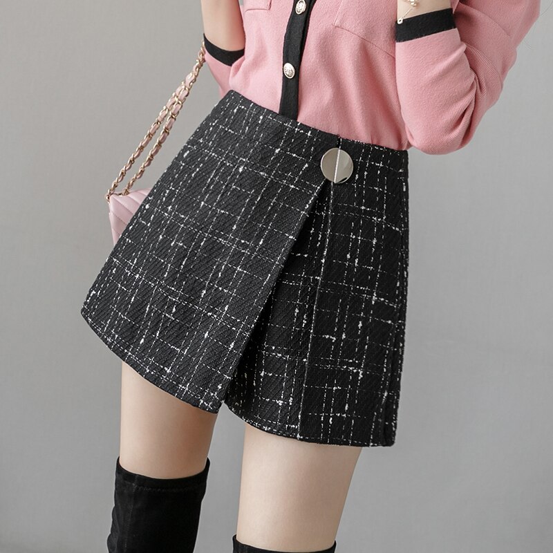 Tweed rutiga shorts kvinnor hög midja lösa koreanska shorts kjol höst vinter smala breda benbottnar oregelbundna kvinna shorts