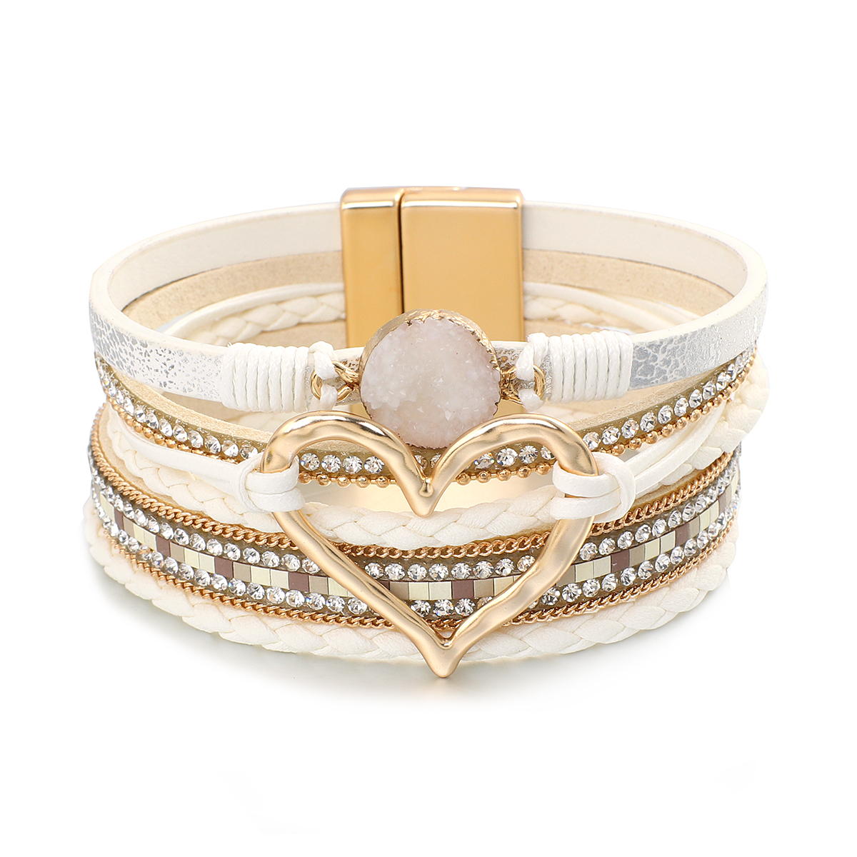 ALLYES braccialetti in pelle con ciondolo a forma di cuore in metallo per donna moda bohemien con strass in resina bracciale avvolgente bracciale coppia gioielli: White
