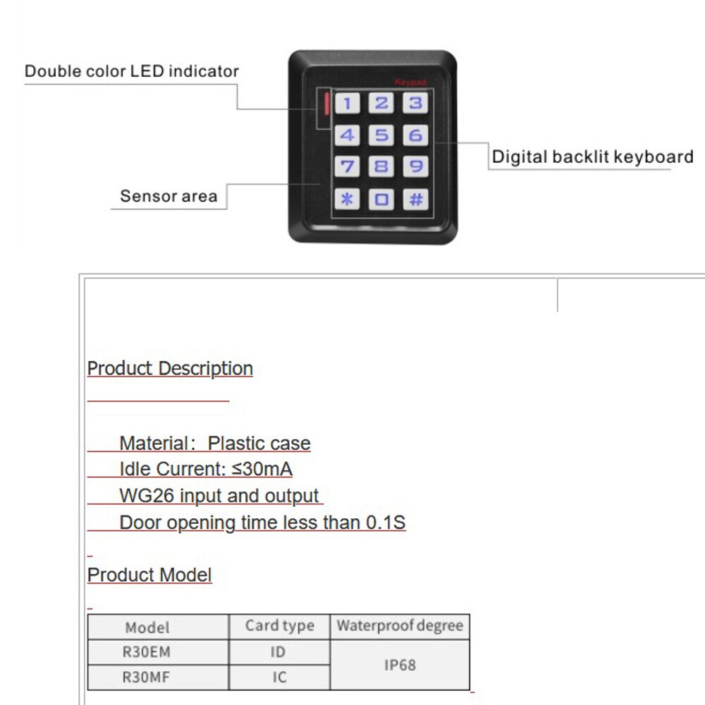 IP65 waterproof Keypad RFID Card Reader Standalone Access Control R30EM plastic case with backlit wiegand output 2000 card use
