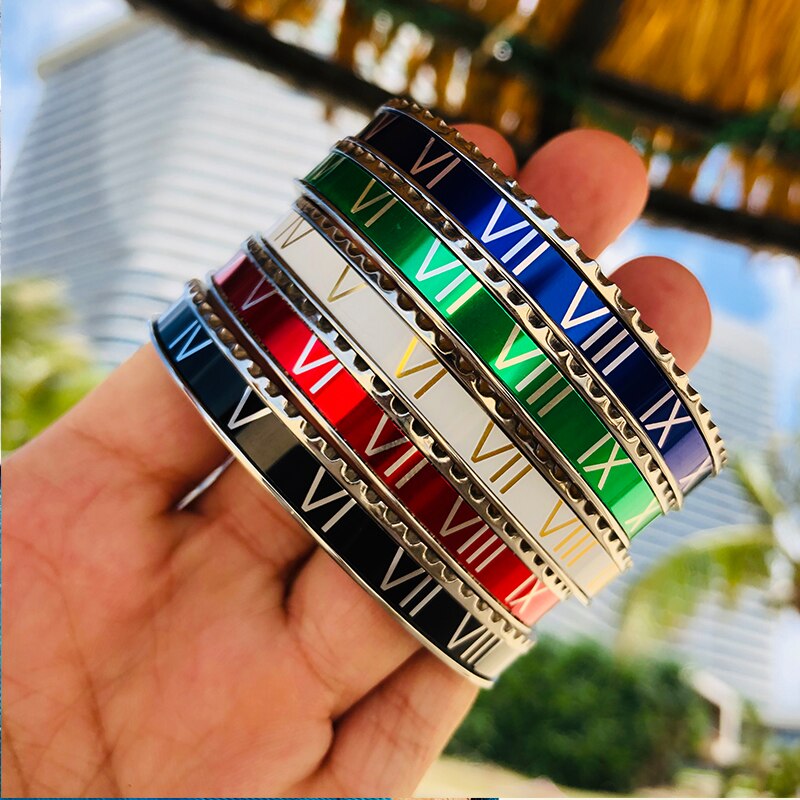 Pulsera de lujo para hombre, accesorios de reloj, pulsera abierta de Color a juego, brazalete de acero sin brillo, pulsera con números romanos