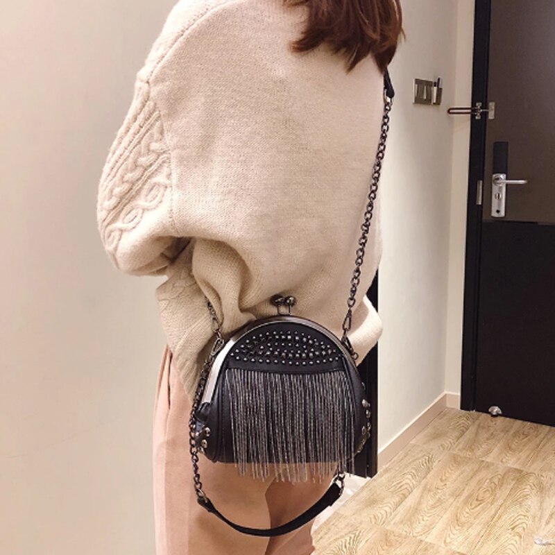 Buylor Black Chains Shoulder Bags for Women Luxury Small Rivet Tassel Cross Body Bag