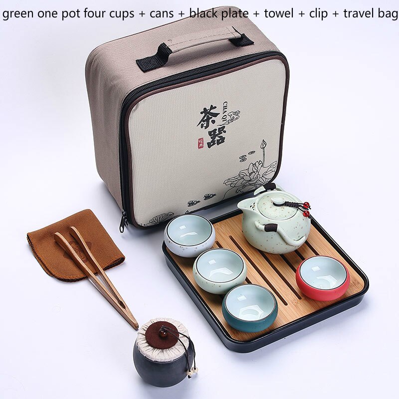 6Pcs Travel Tea Set Porcelain Double Wall Cup Flower Dragon Moutain Teapot Kung Fu Tea Set Teaware A: C-green