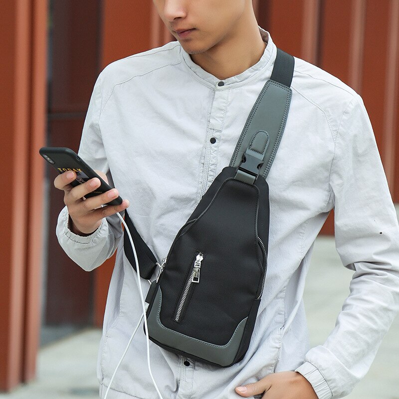 Men's Messenger Bag Shoulder Oxford Cloth Chest Bags Crossbody Casual Messenger Bags Man USB Charging Multifunction Handbag: Upgraded Black