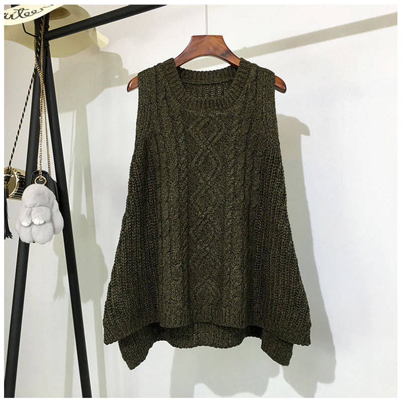 Ropa de otoño e invierno Chaleco de lana gruesa para mujer, Chaleco de punto suelto de gran tamaño, cuello redondo en la sección larga del chaleco salvaje: Verde