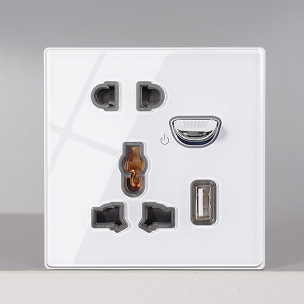 KAMANNI Luxury Light Switch General Standard Crystal Tempered Glass 2Gang 2 Way Switch White Push Botton wall Switches 220V: USB five-hole socket / 1 way