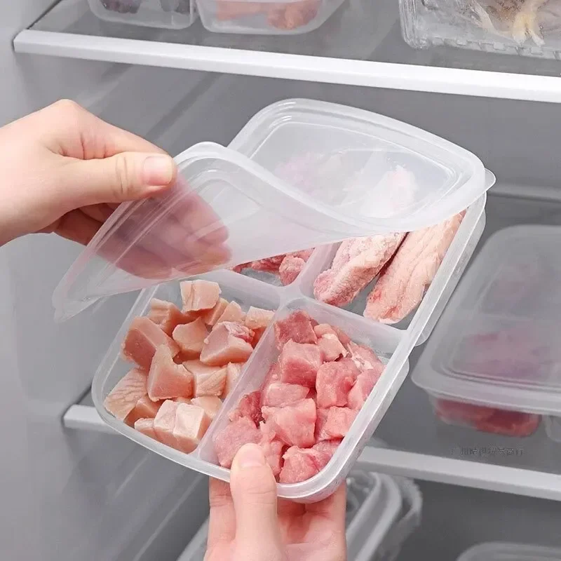 4 Gitter Lebensmittel-Aufbewahrungsbox, tragbares Fach, Kühlschrank, Gefrierschrank, Organizer, unterverpackt, Fleisch, Zwiebeln, Ingwer, transparentes Küchenwerkzeug, 1 Stück