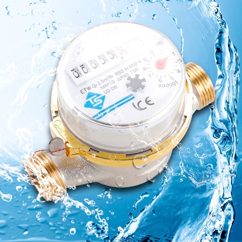 Medidor de agua mecánico de ala giratoria, 0-40 ℃, E-TYPE en frío de 1/2 "-3/4", 2,5 m, 3/h, PRECISIÓN DE 0.0001m3 con todo el conector de cobre