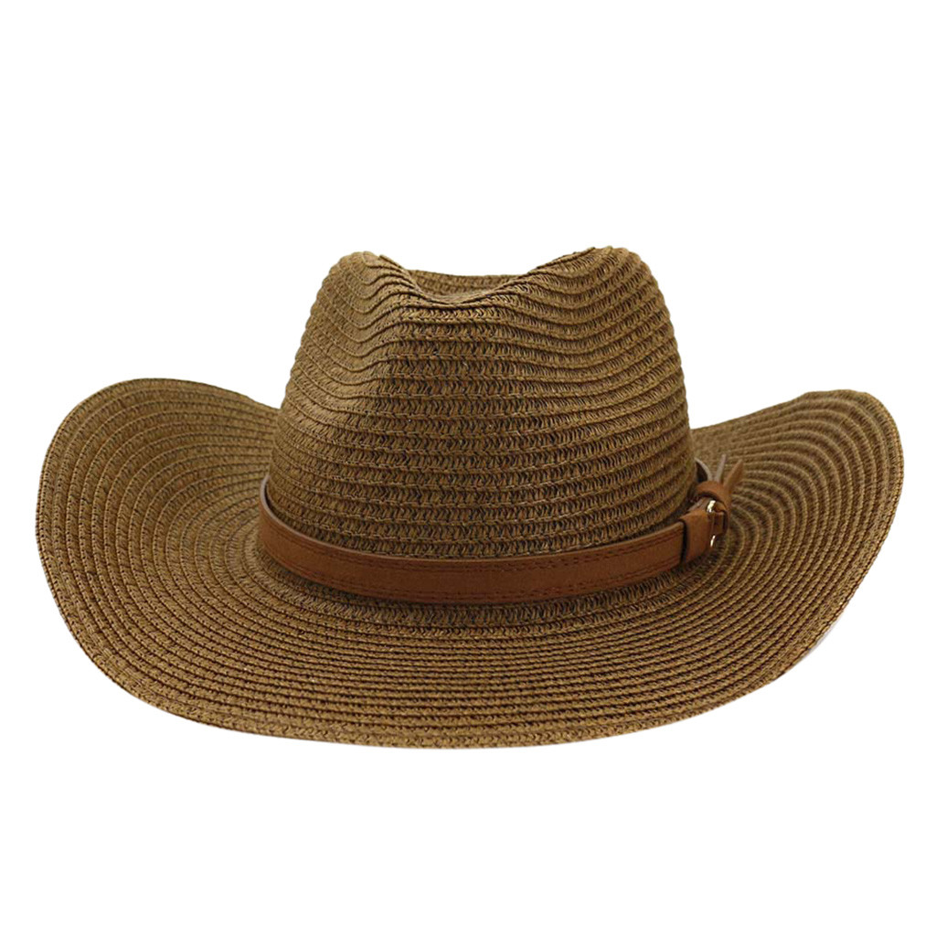Sun Cap Straw Beach Cowboy Hats Retro Women's Men's Summer Straw Beach Wide Brim Cowboy Western Cowgirl Bead Band #Zer: Coffee 