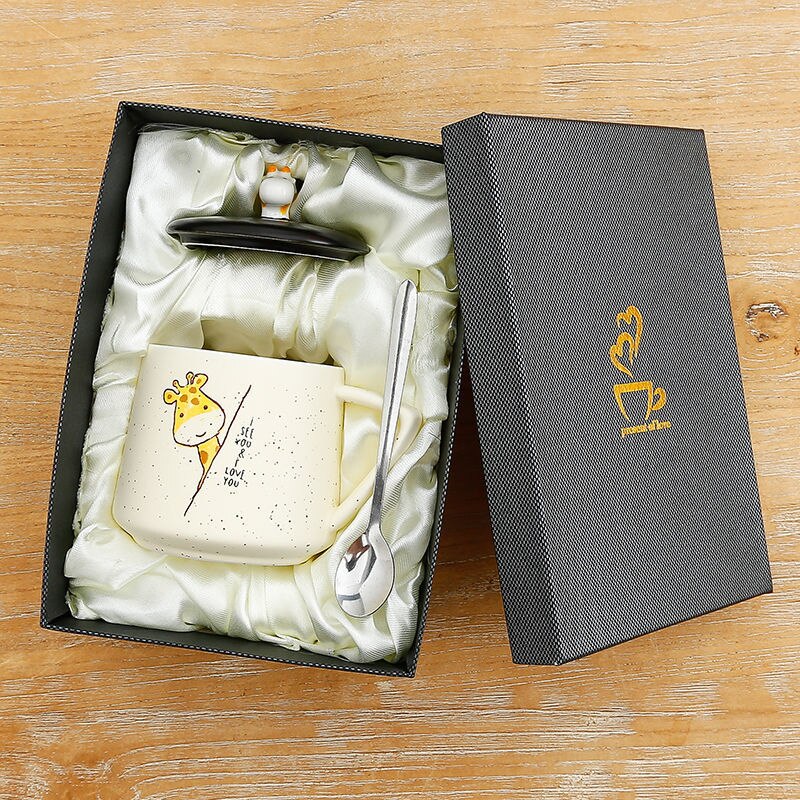 Giraffe Heat-resistant Mug Cartoon with Lid 400ml Cup Kitten Coffee Cup Travel Mug Ceramic Mugs Office Drinkware: F