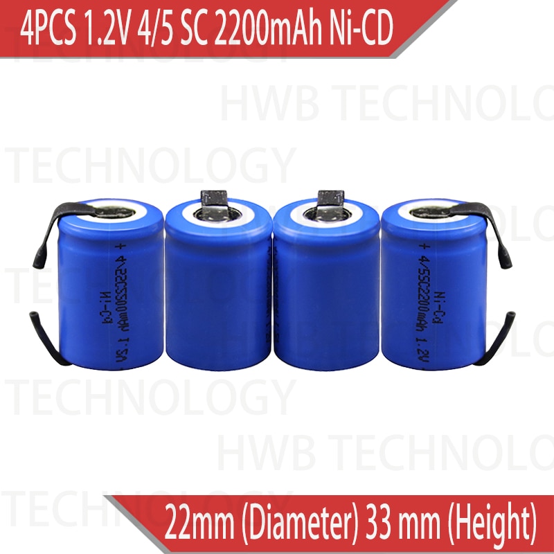 4X Ni-Cd 4/5 SubC Sub C 1.2V 2200mAh Rechargeable Battery with Tab - Blue Color