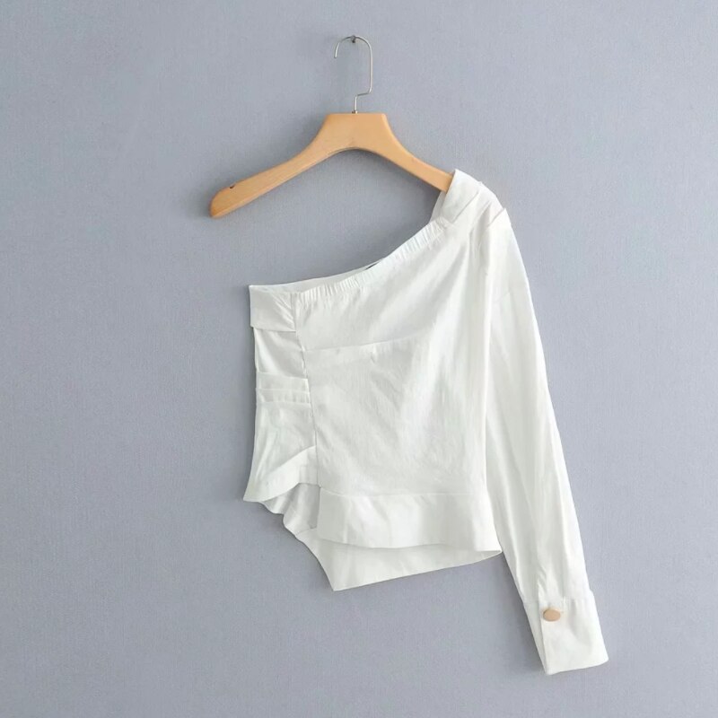 Chemise asymétrique à manches longues pour femme, plissée, décontractée, couleur blanche, été, style biais col chic hauts streetwear S5526