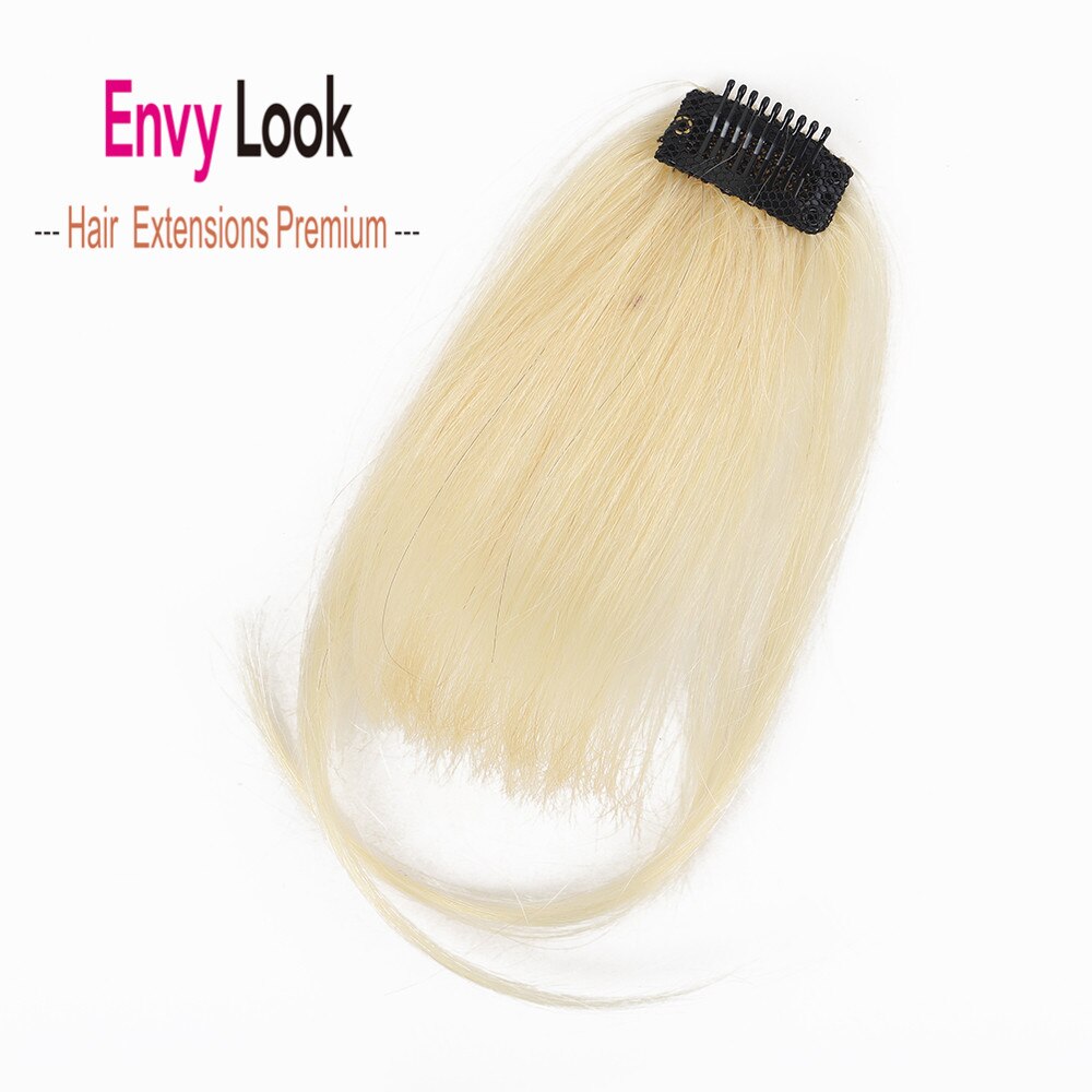 Envy Look Human Hair Piece Air Fringe Sewn One Strong Clip In Front Head Bangs with Dark Brown and Blonde Color